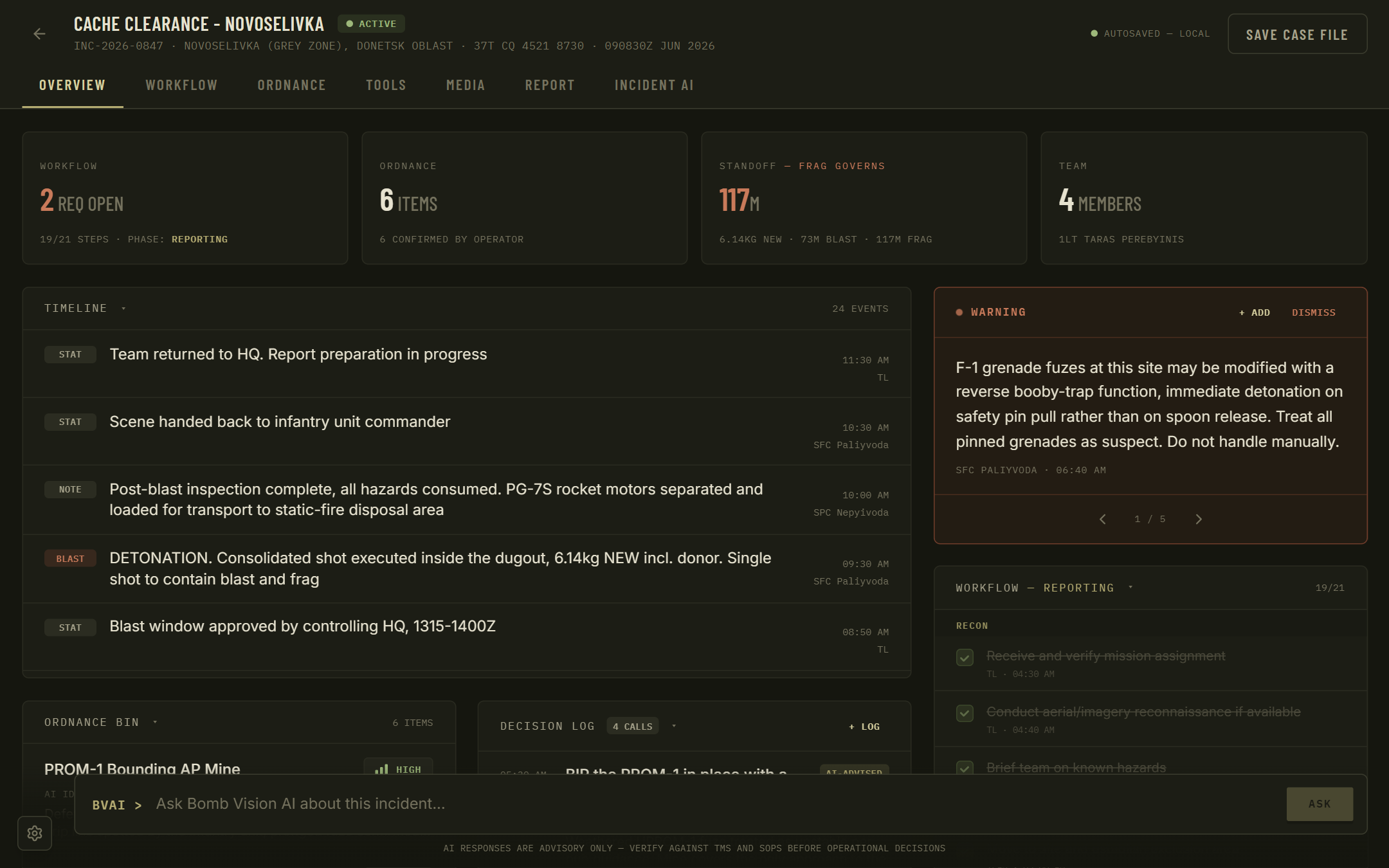 Bomb Vision incident case file overview: timeline, workflow checklist, ordnance bin, decision log, and standoff summary