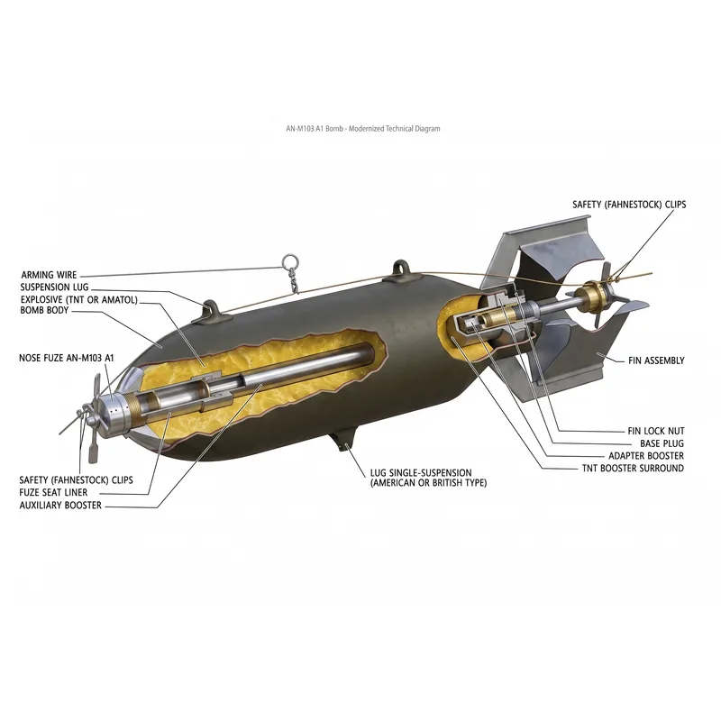 Modernized cutaway plate of the AN-M103 A1 bomb with every component labeled