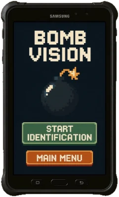 Owner concept art: the pixel-art Bomb Vision splash screen (bomb mark, Start Identification, Main Menu) running on a ruggedized Samsung tablet